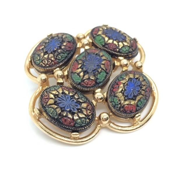 VINTAGE SARAH COVENTRY LIGHT OF THE EAST MOSAIC BROOCH GOLD TONE CROSS SIGNED - Picture 5 of 9